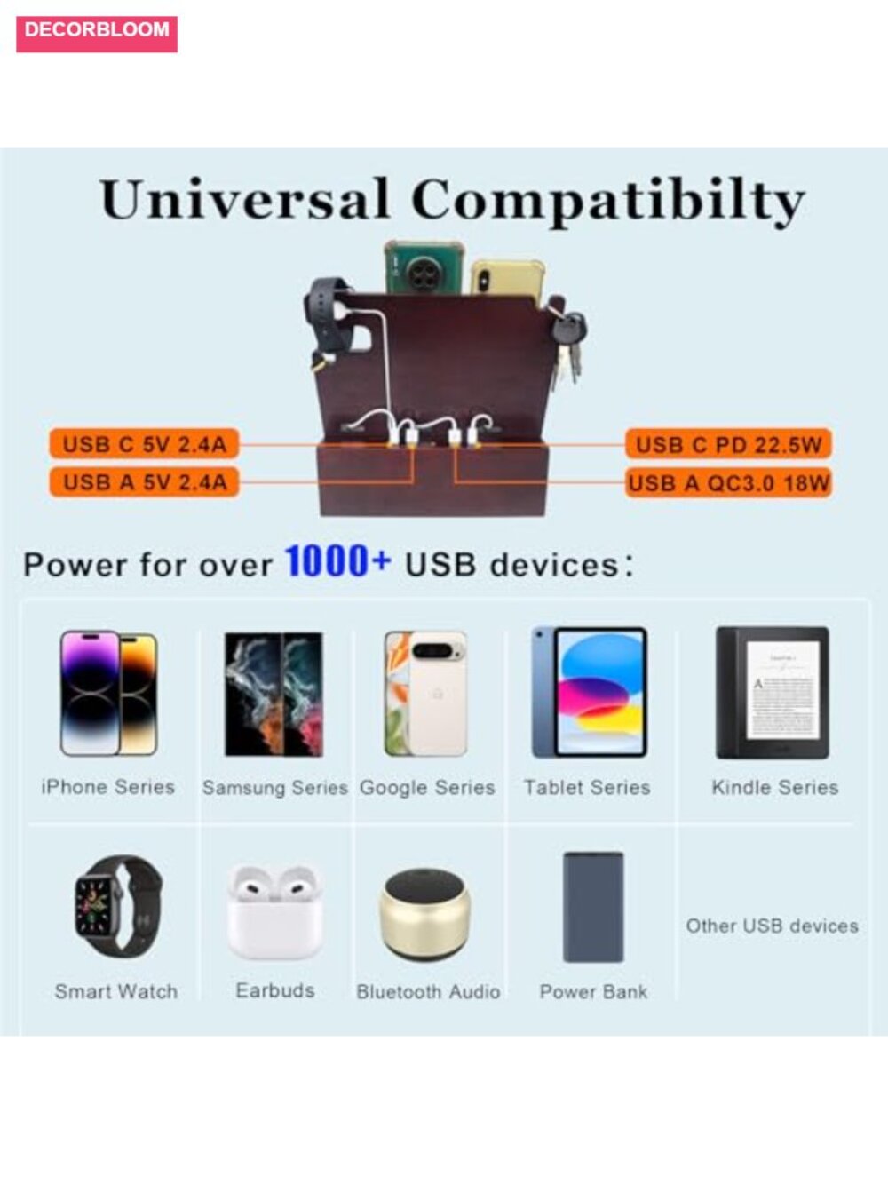 Wood Nightstand Organizer with Drawer, 4-Port USB Charging Station, Fast - Picture 3 of 5
